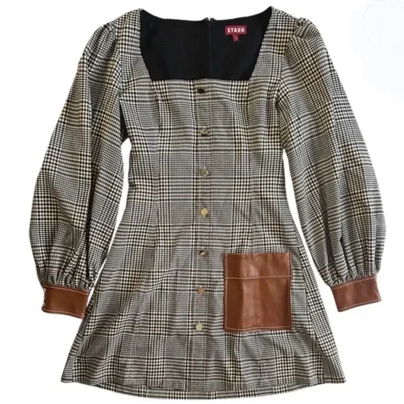 STAUD ‘Oz’ Checkered Long Sleeve Dress with Leatherette Details - Picture 8 of 16
